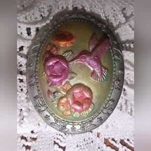 Hummingbird On Flowers, Floral Handmade Cameo Resin Brooch